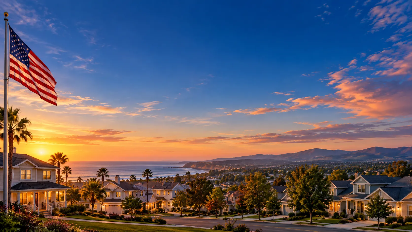 American flag over coastal military housing at sunset