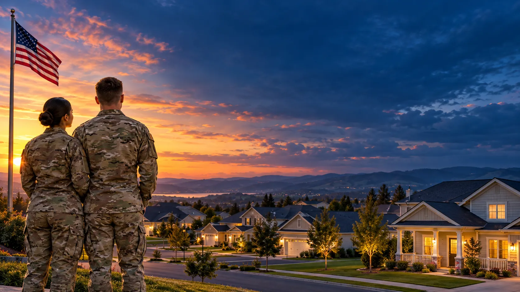 Military couple in uniform looking at the American flag over military housing at sunset