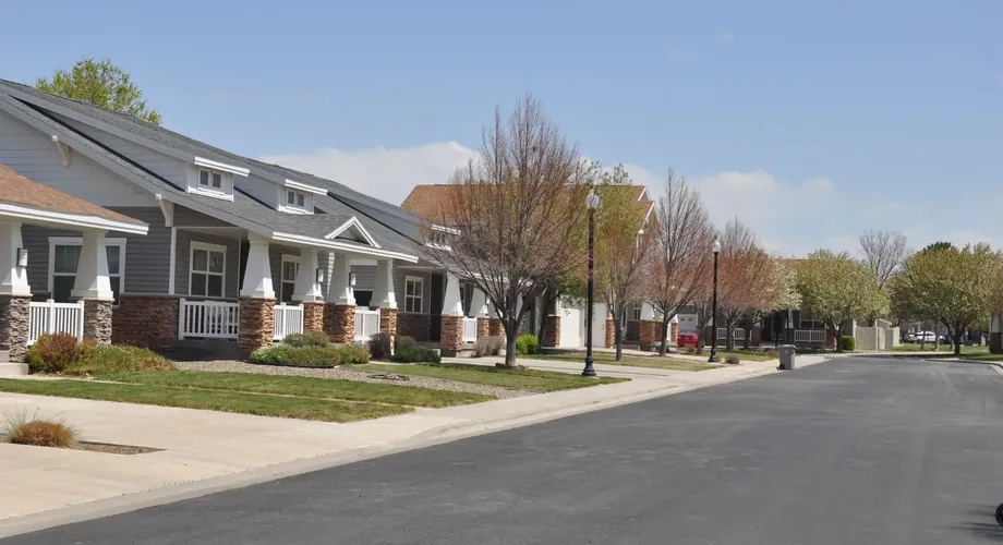 Military family housing neighborhood on a U.S. base, rows of homes