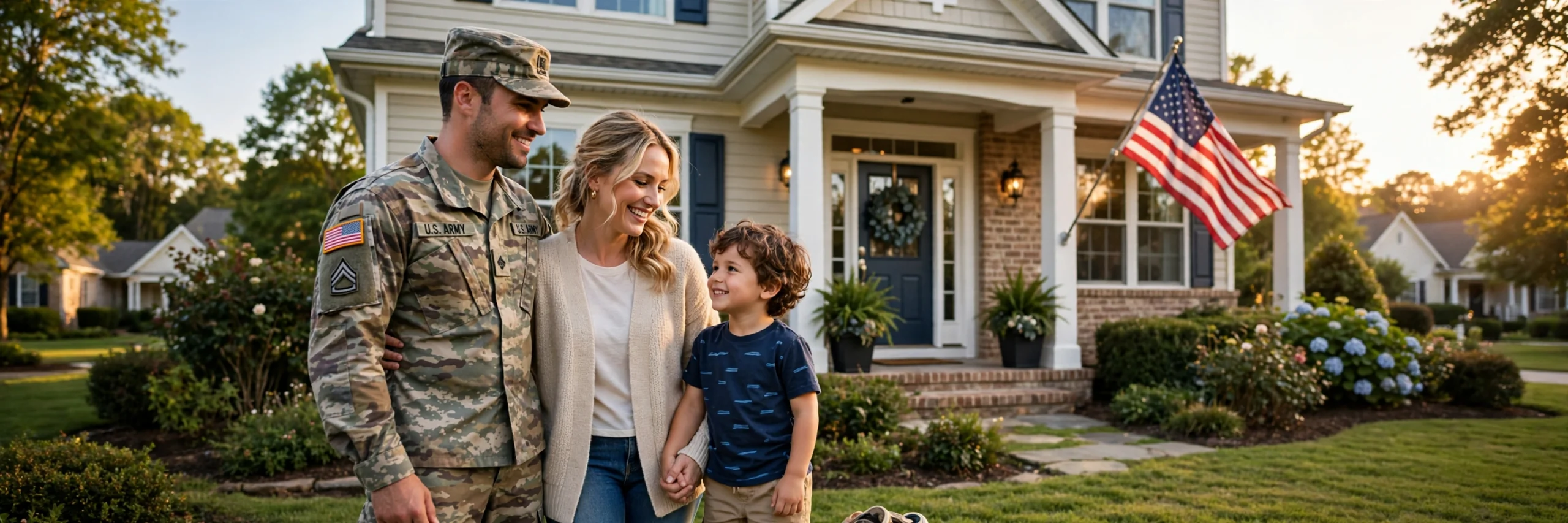 US service member with family in front of their home - BAH Calculator 2027
